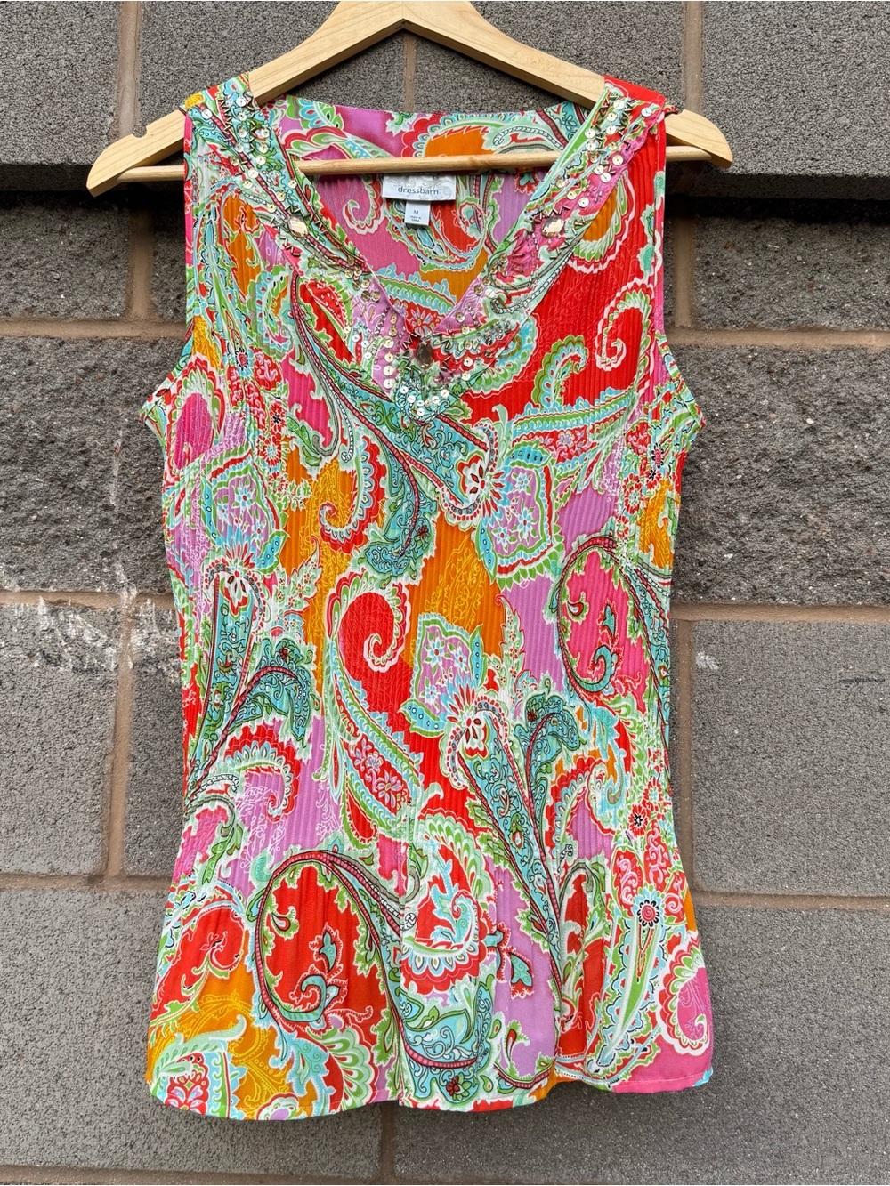 Women's Vintage Y2K Dressbarn Paisley Top With Embellished Neckline Medium